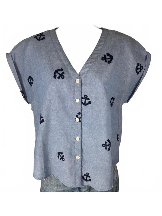 Kindred Tops - Kindred Chambray Anchor Embroidered Button Up Top L Coastal Grandmother Nautical